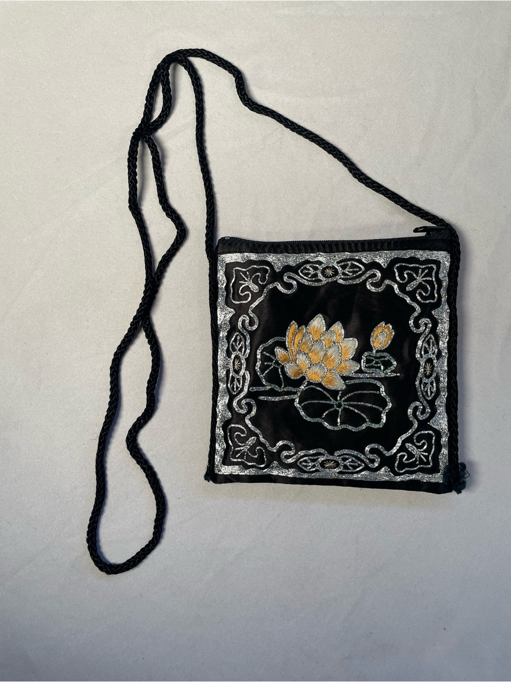 VTG Asian Embroidered Lotus Black Satin Zippered Crossbody Bag Boho Whimsigoth